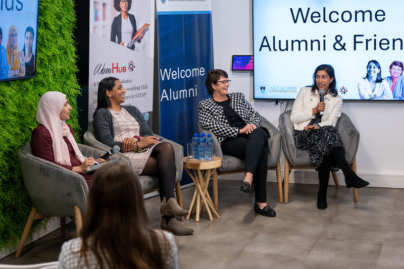 UCT’s president of convocation, Naadiya Moosajee (far left), moderated a panel discussion with four UCT alumni as part of the UCT alumni and friends global thought-leadership series.