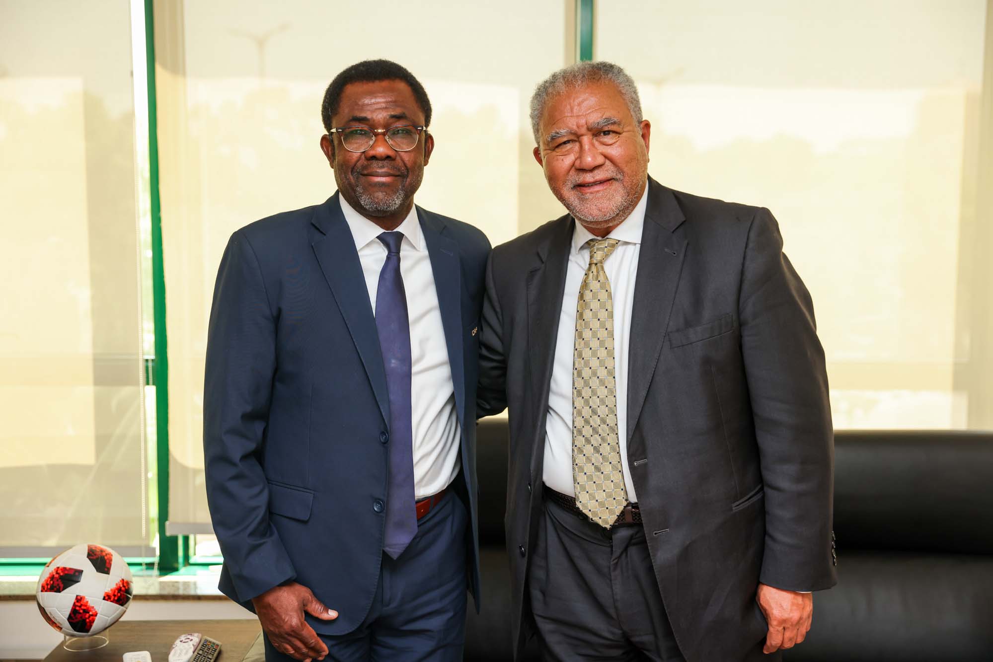 CAF Secretary General, Mr Veron Mosengo-Omba and University of Cape Town (UCT) Council Chair, Adv Norman Arendse SC, at CAF HQ in Cairo, Egypt