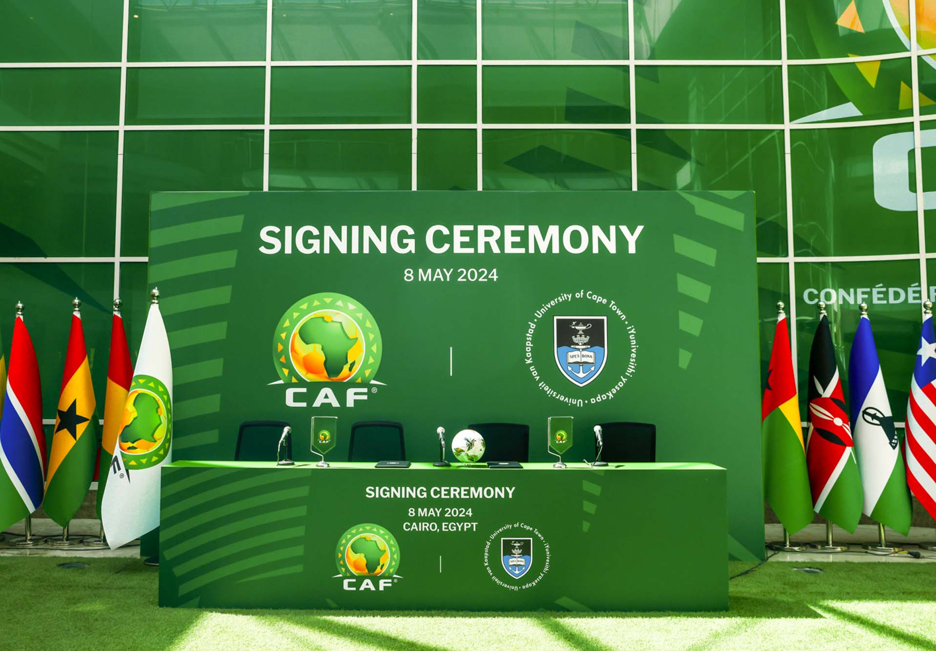 CAF and UCT branded table at the signing ceremony in Cairo, Egypt.