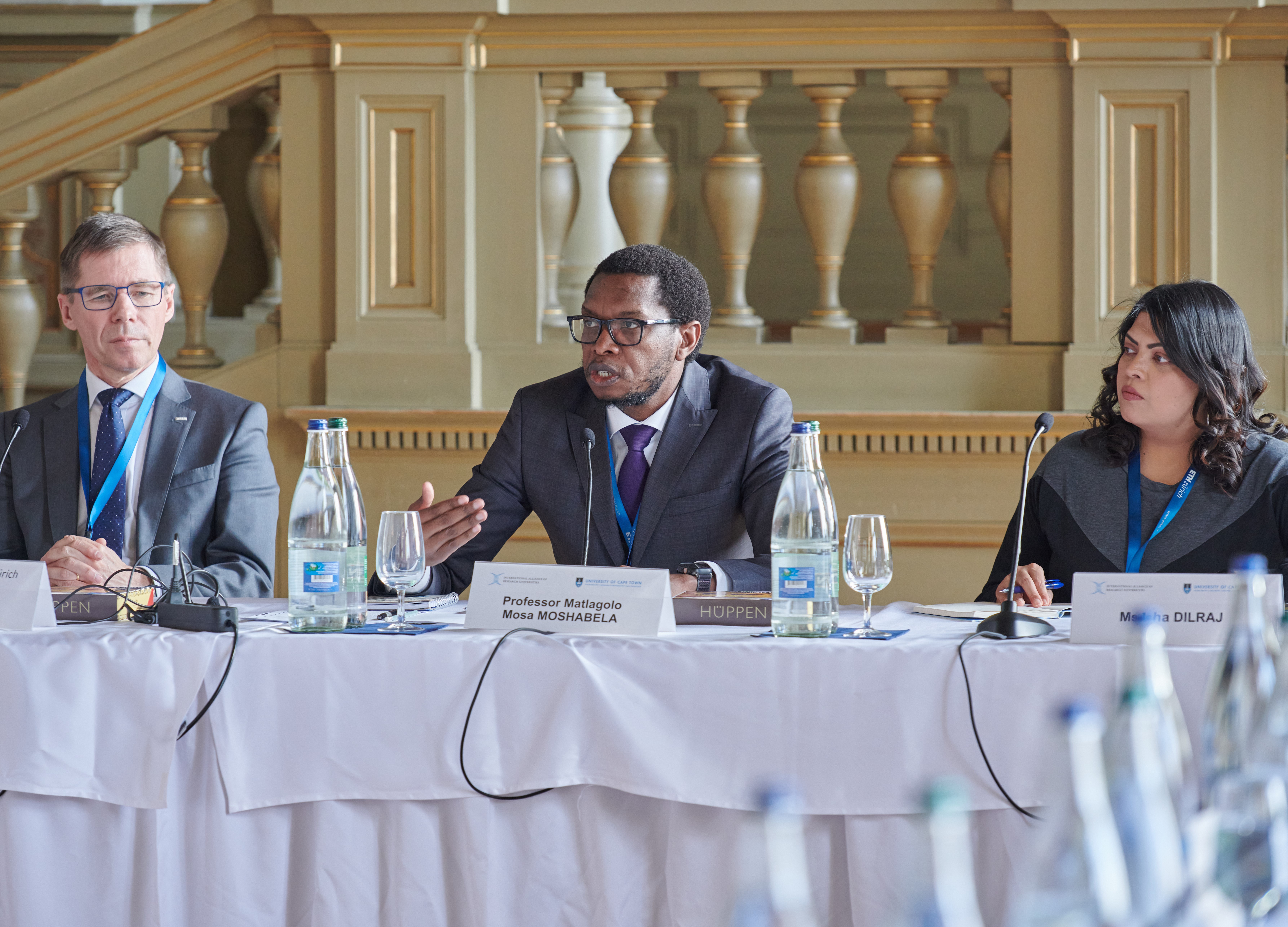 VC Professor Mosa Moshabela leading the Presidents Meeting. Photographed with Professor Joel Mesot (Rector of ETH Zurich), and IARU Secretariat Lead and UCT Global Engagements Project Manager Isha Dilraj.